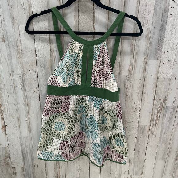 Susana Monaco Green Patterned Silk Cotton Baby Doll Tank Top Womens Size 2 - Picture 1 of 7